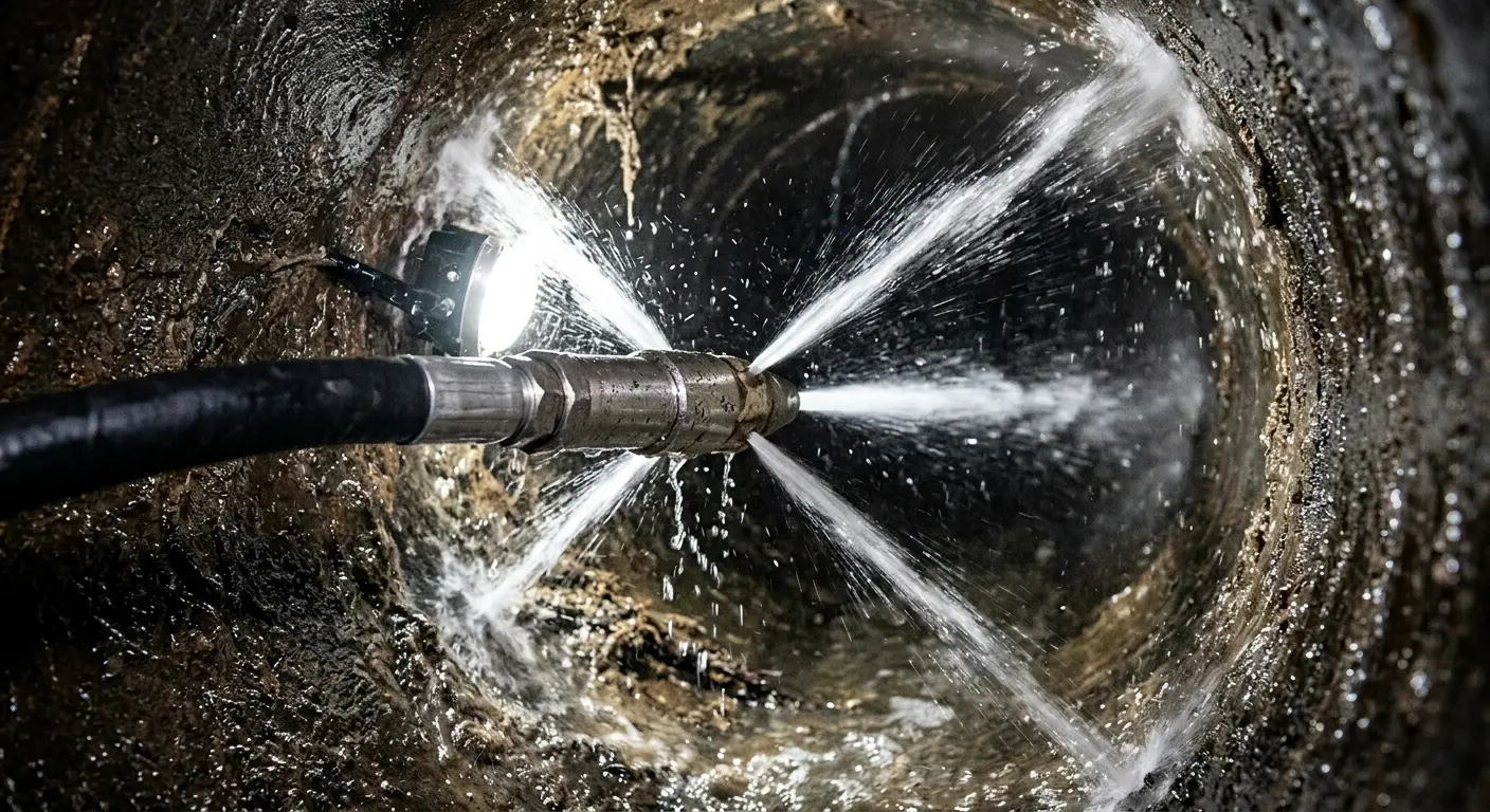High-pressure hydro jetting nozzle cleaning sewer pipe for Emergency Drain Service in Cathedral City