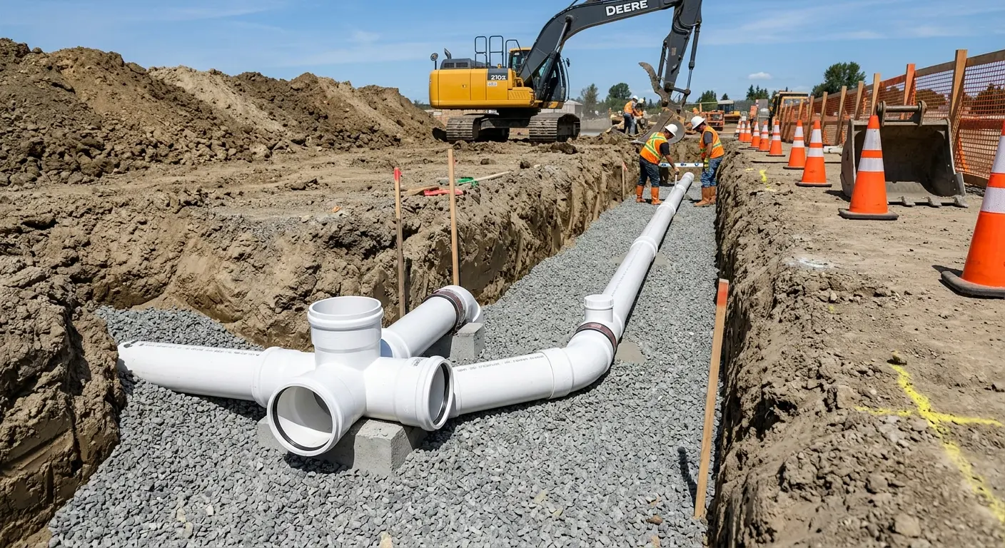 New PVC sewer pipe installation in open trench for Grease Trap Cleaning in Cathedral City