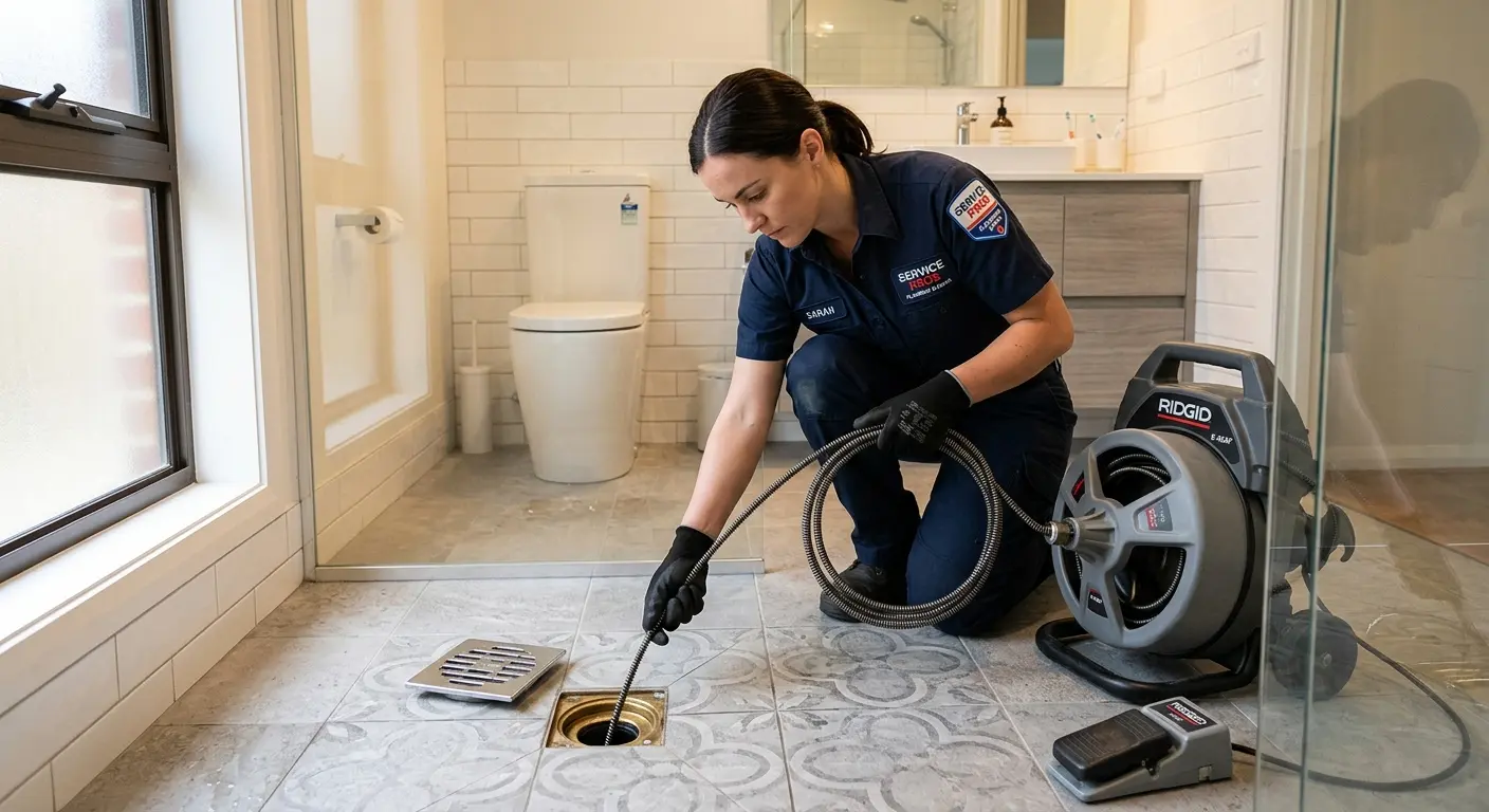 Technician clearing a bathroom floor drain for Drain Cleaning in Cathedral City